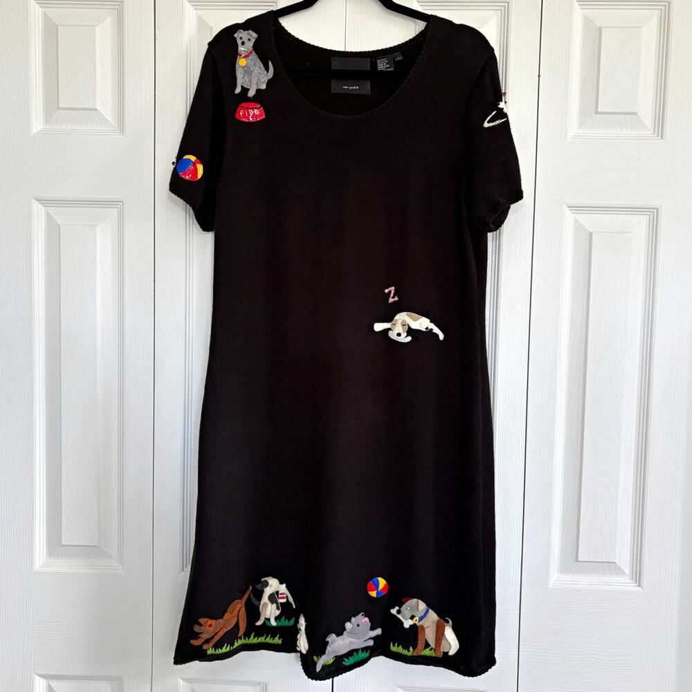 Vintage 1999 Michael Simon Dog Sweater Dress Black 3D Applique L Wearable Art